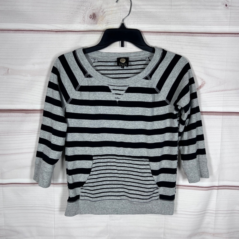 Jones New York Sport Sweatshirt Top Womens XS Gray Black Striped Pullover Pocket
